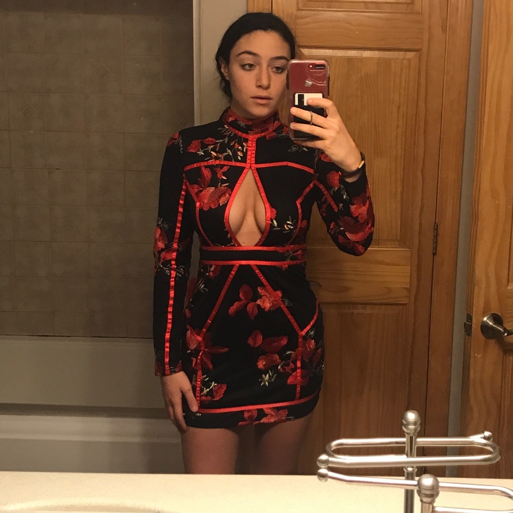 Black floral embroidered oriental dress